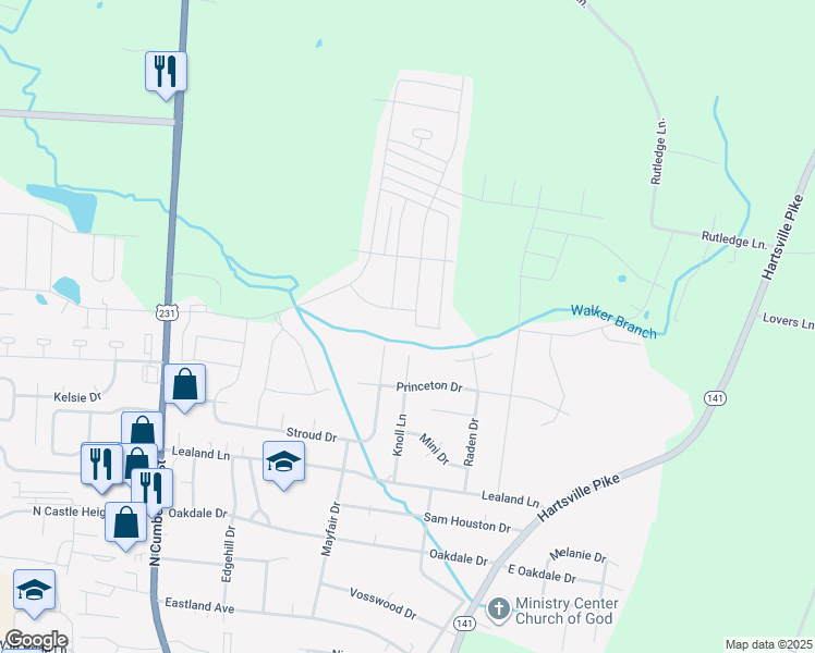 map of restaurants, bars, coffee shops, grocery stores, and more near 1411 Knoll Lane in Lebanon
