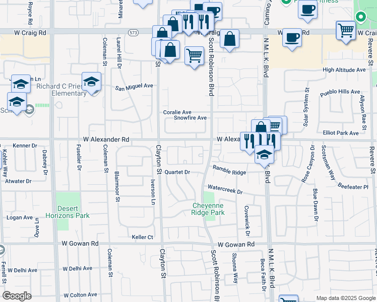 map of restaurants, bars, coffee shops, grocery stores, and more near 1881 West Alexander Road in North Las Vegas