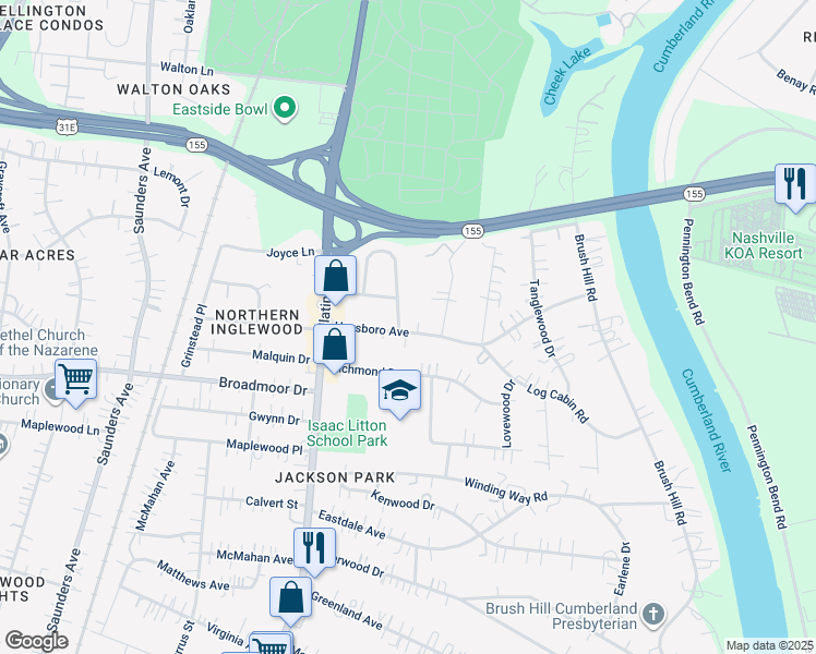 map of restaurants, bars, coffee shops, grocery stores, and more near 1125 Haysboro Avenue in Nashville
