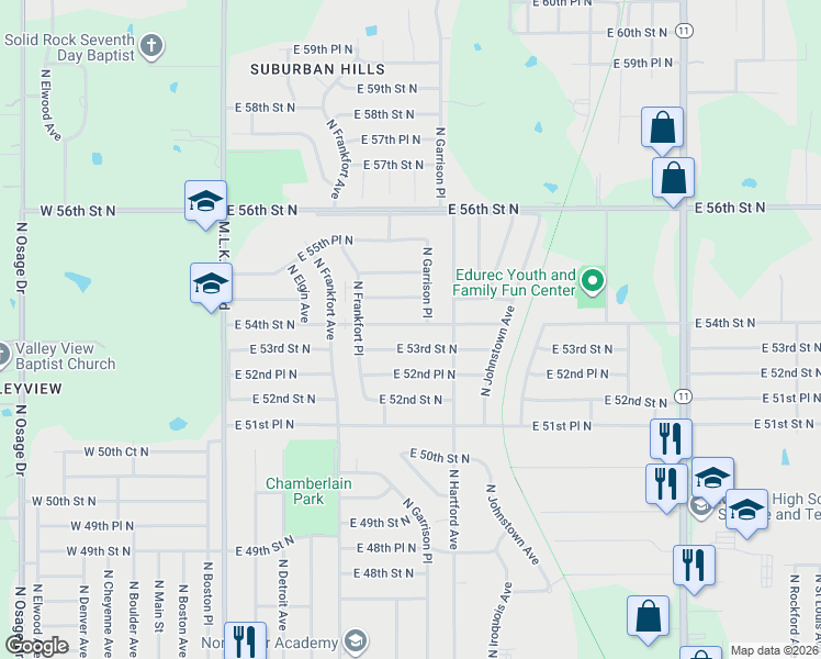 map of restaurants, bars, coffee shops, grocery stores, and more near 618 East 54th Street North in Tulsa