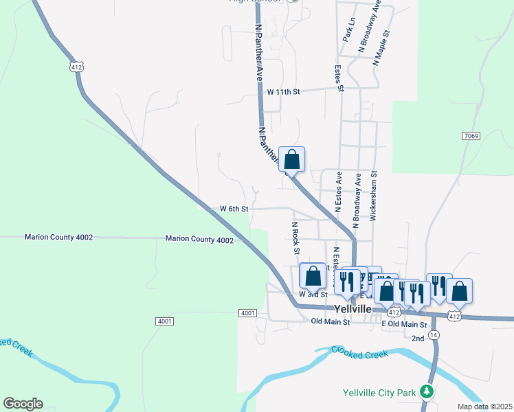 map of restaurants, bars, coffee shops, grocery stores, and more near 29 West 6th Street in Yellville