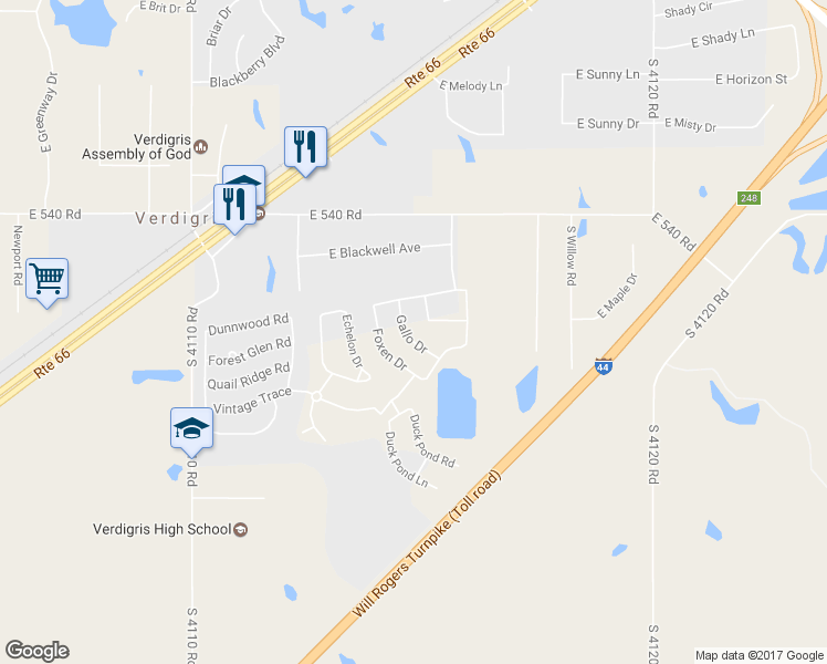 map of restaurants, bars, coffee shops, grocery stores, and more near 26453 Gallo Drive in Claremore