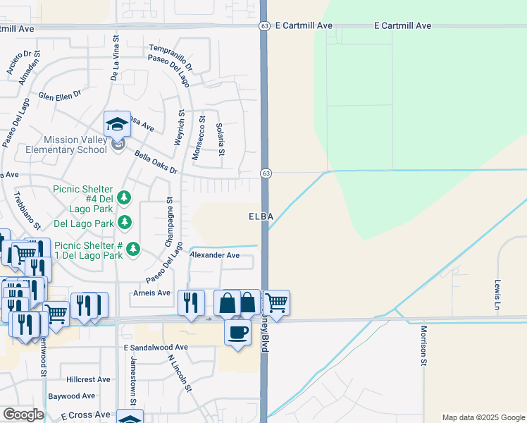 map of restaurants, bars, coffee shops, grocery stores, and more near California 63 in Tulare