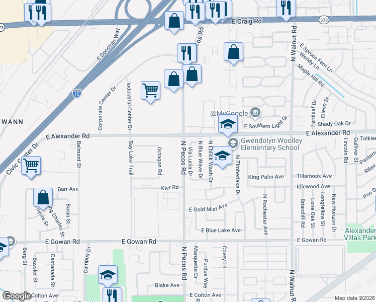 map of restaurants, bars, coffee shops, grocery stores, and more near 3922 Via Lucia Drive in Las Vegas