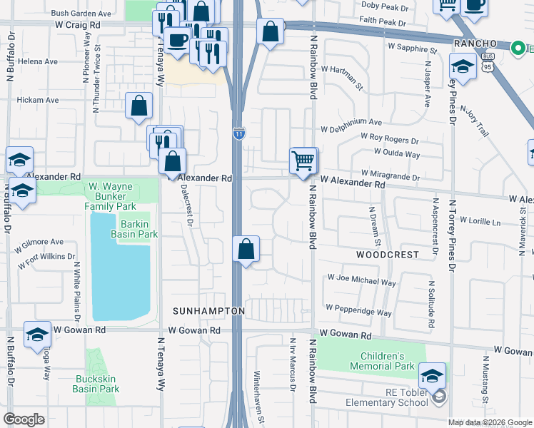 map of restaurants, bars, coffee shops, grocery stores, and more near 6900 North Tulsa Circle in Las Vegas