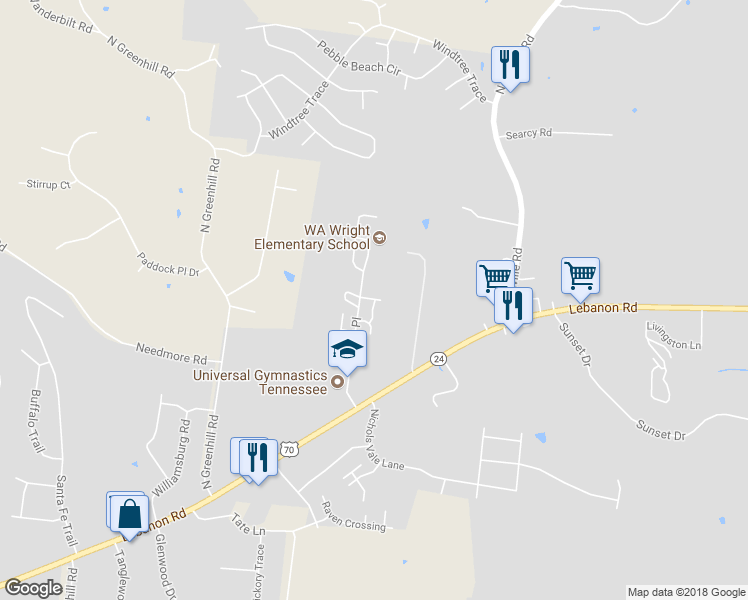 map of restaurants, bars, coffee shops, grocery stores, and more near 5610 Toulouse Street in Mount Juliet