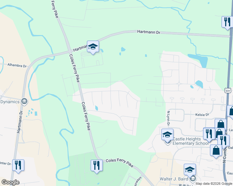 map of restaurants, bars, coffee shops, grocery stores, and more near 1239 Kristopher Drive in Lebanon