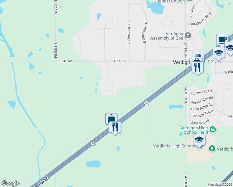map of restaurants, bars, coffee shops, grocery stores, and more near 26222 South Durango Drive in Claremore