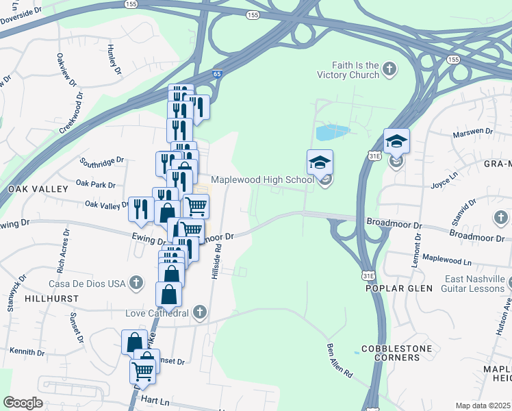 map of restaurants, bars, coffee shops, grocery stores, and more near 218 Maplewood Trace in Nashville