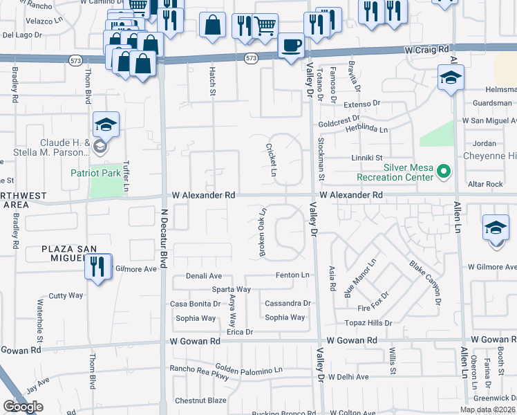 map of restaurants, bars, coffee shops, grocery stores, and more near 3921 Broken Oak Lane in North Las Vegas