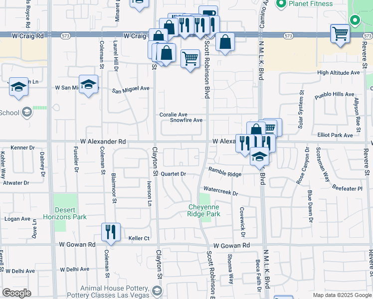 map of restaurants, bars, coffee shops, grocery stores, and more near 1881 West Alexander Road in North Las Vegas