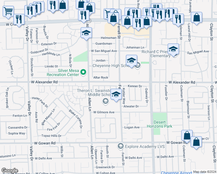 map of restaurants, bars, coffee shops, grocery stores, and more near 3925 Mineola Way in North Las Vegas