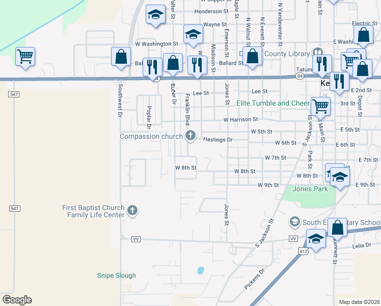 map of restaurants, bars, coffee shops, grocery stores, and more near 601 East Ricky Road in Kennett