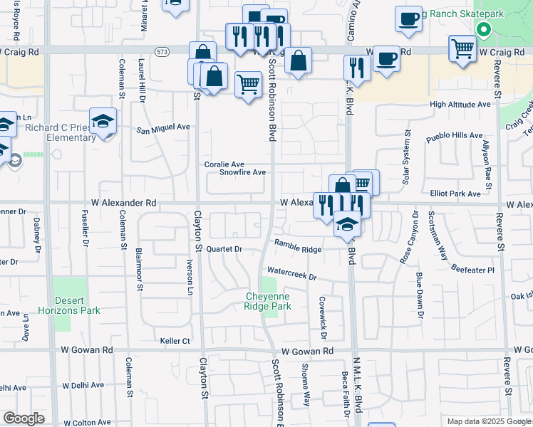 map of restaurants, bars, coffee shops, grocery stores, and more near 1881 West Alexander Road in North Las Vegas