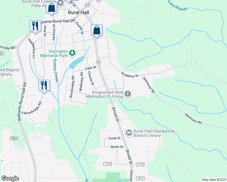 map of restaurants, bars, coffee shops, grocery stores, and more near 120 Kiger Street in Rural Hall