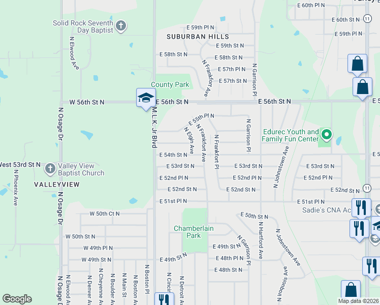 map of restaurants, bars, coffee shops, grocery stores, and more near 258 East 54th Street North in Tulsa
