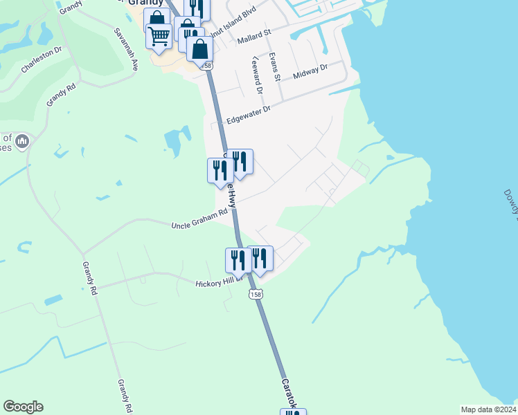 map of restaurants, bars, coffee shops, grocery stores, and more near 102 Soundside Estates Drive in Grandy