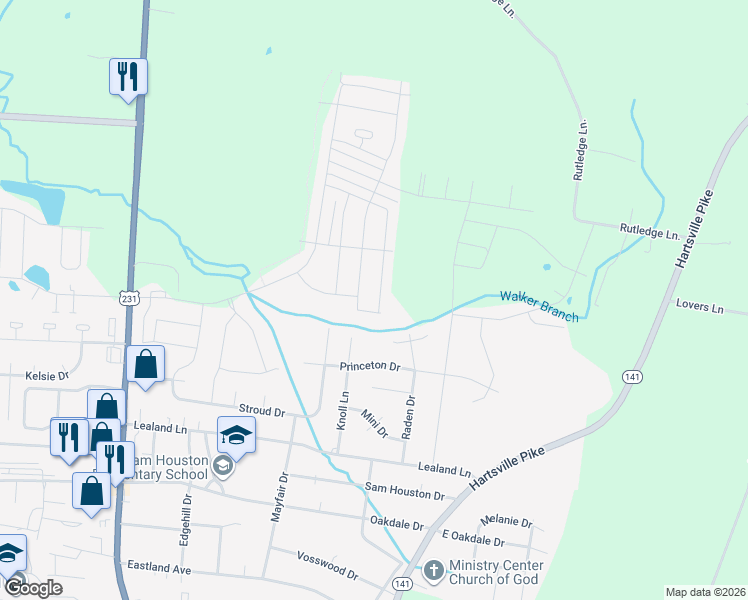 map of restaurants, bars, coffee shops, grocery stores, and more near 1411 Knoll Lane in Lebanon