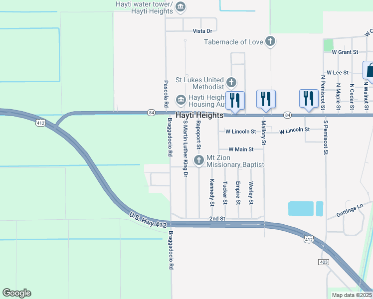 map of restaurants, bars, coffee shops, grocery stores, and more near 305 South Martin Luther King Drive in Hayti Heights