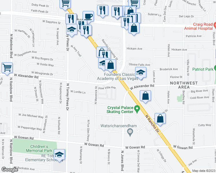 map of restaurants, bars, coffee shops, grocery stores, and more near 6146 Pine Villa Avenue in Las Vegas