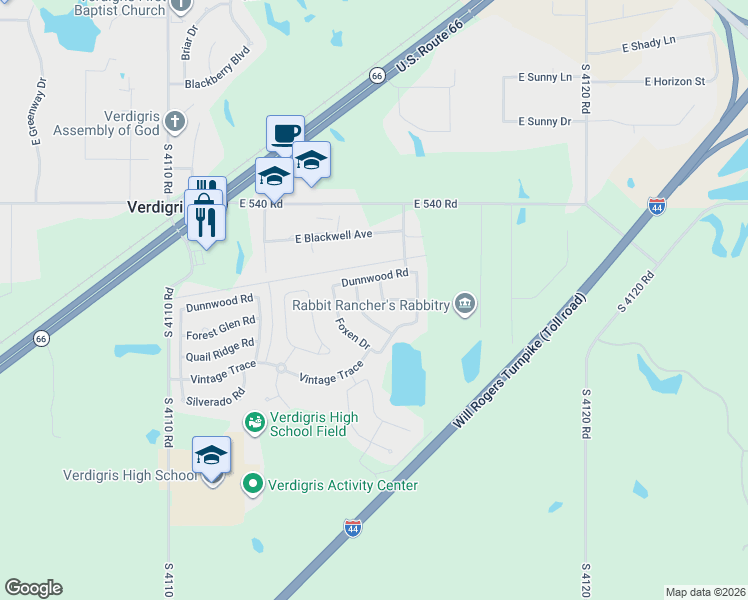 map of restaurants, bars, coffee shops, grocery stores, and more near 26463 Gallo Drive in Claremore