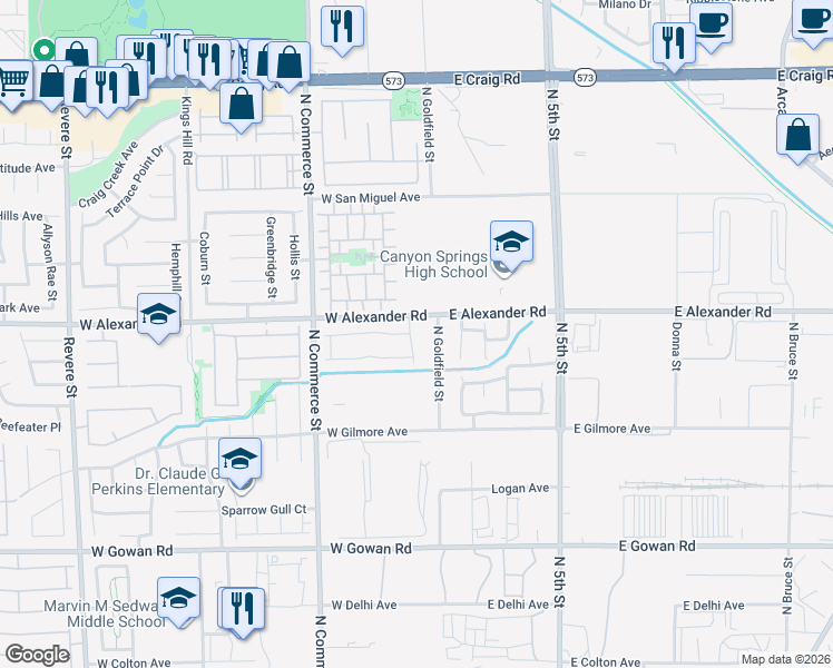 map of restaurants, bars, coffee shops, grocery stores, and more near 104 Spur Ranch Avenue in North Las Vegas