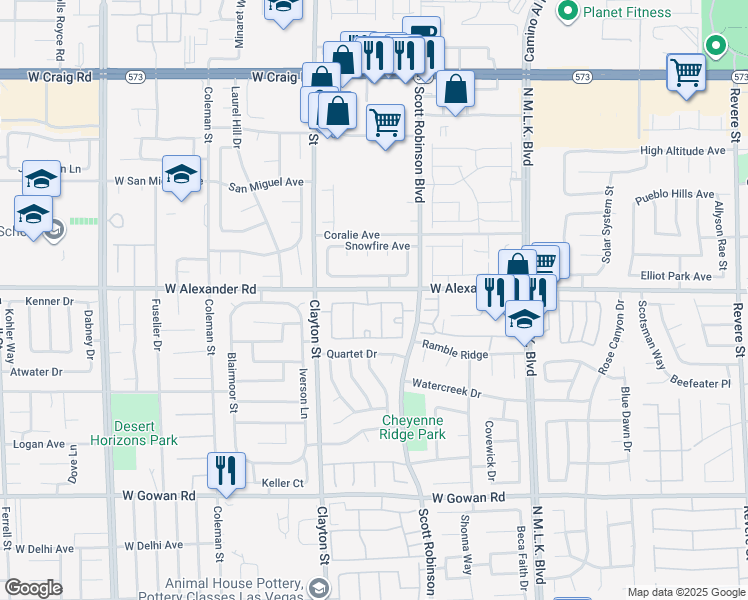 map of restaurants, bars, coffee shops, grocery stores, and more near 1881 West Alexander Road in North Las Vegas