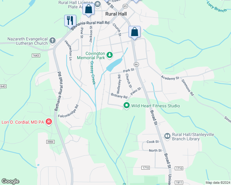 map of restaurants, bars, coffee shops, grocery stores, and more near 261 Brittany Road in Rural Hall