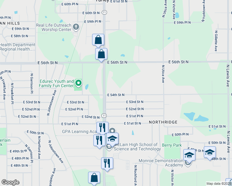 map of restaurants, bars, coffee shops, grocery stores, and more near 1335 East 54th Street North in Tulsa