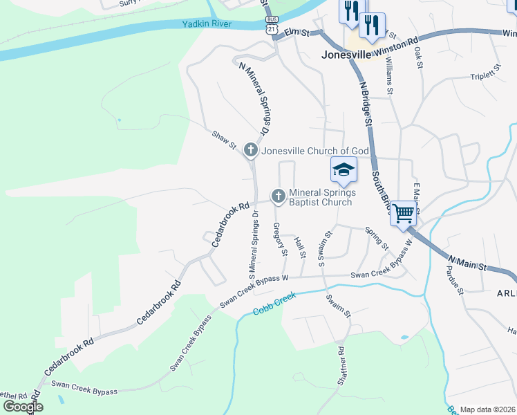 map of restaurants, bars, coffee shops, grocery stores, and more near 509 South Mineral Springs Drive in Jonesville