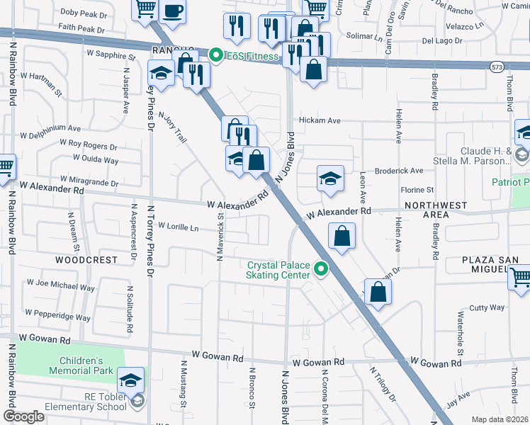 map of restaurants, bars, coffee shops, grocery stores, and more near 6122 Pine Villa Avenue in Las Vegas