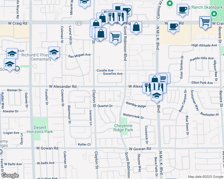 map of restaurants, bars, coffee shops, grocery stores, and more near 1881 West Alexander Road in North Las Vegas