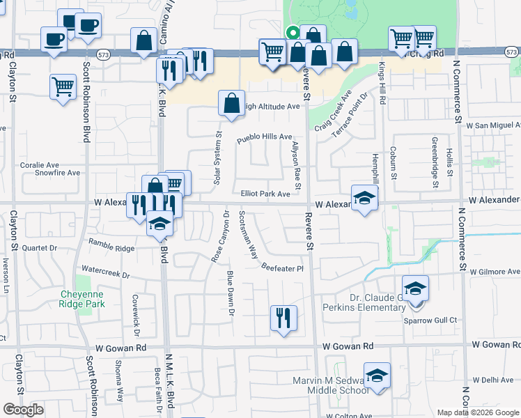 map of restaurants, bars, coffee shops, grocery stores, and more near 3931 McGregor Way in North Las Vegas
