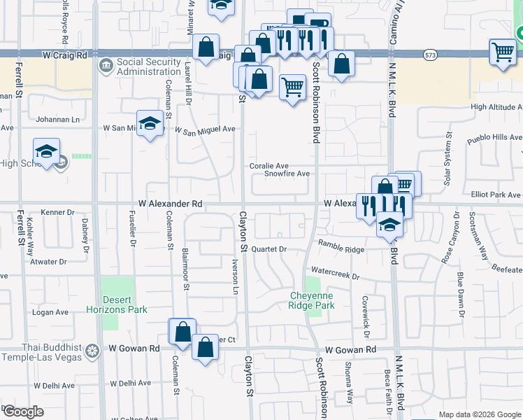 map of restaurants, bars, coffee shops, grocery stores, and more near 1881 West Alexander Road in North Las Vegas