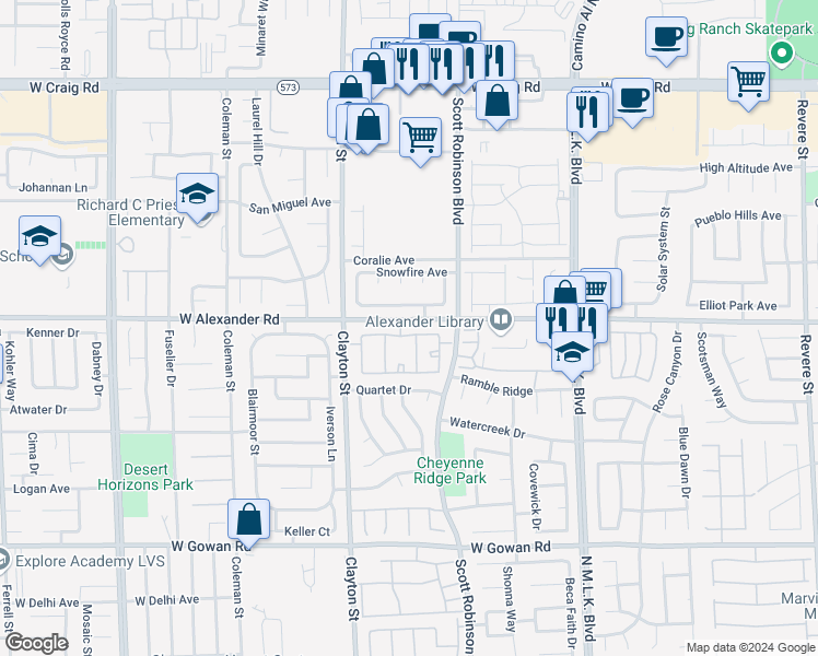 map of restaurants, bars, coffee shops, grocery stores, and more near 1881 West Alexander Road in North Las Vegas