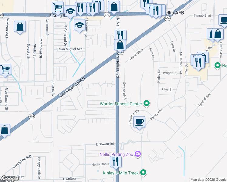 map of restaurants, bars, coffee shops, grocery stores, and more near 3827 North Nellis Boulevard in Las Vegas