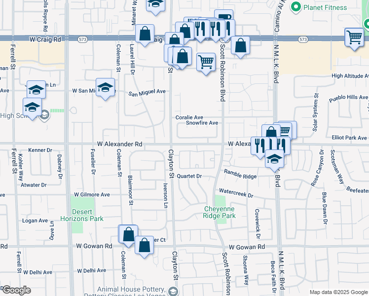 map of restaurants, bars, coffee shops, grocery stores, and more near 1881 West Alexander Road in North Las Vegas