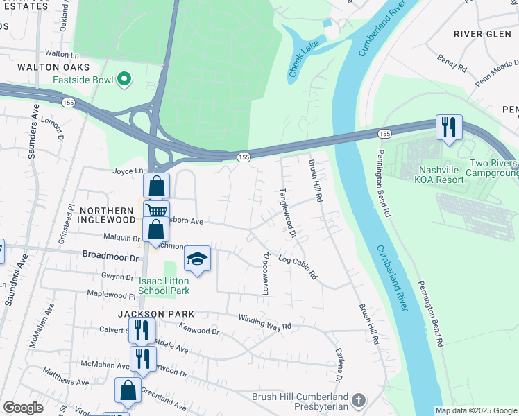 map of restaurants, bars, coffee shops, grocery stores, and more near 1305 Haysboro Avenue in Nashville