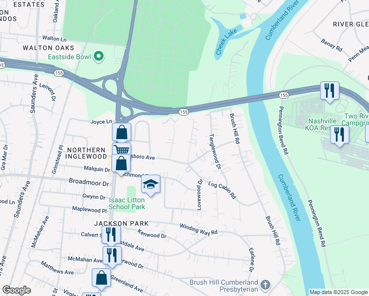 map of restaurants, bars, coffee shops, grocery stores, and more near 1207 Haysboro Avenue in Nashville