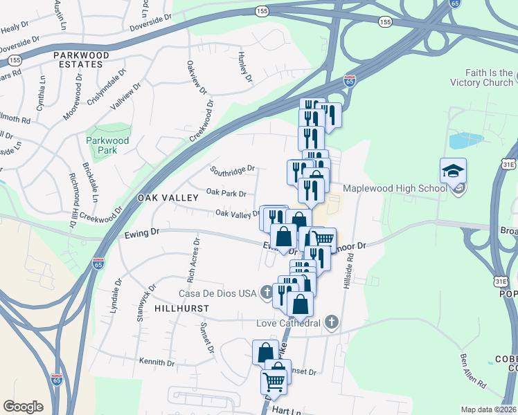 map of restaurants, bars, coffee shops, grocery stores, and more near 120 Oak Valley Drive in Nashville