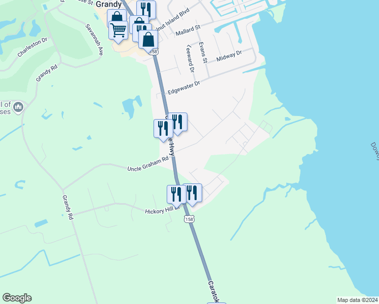 map of restaurants, bars, coffee shops, grocery stores, and more near 102 Soundside Estates Drive in Grandy