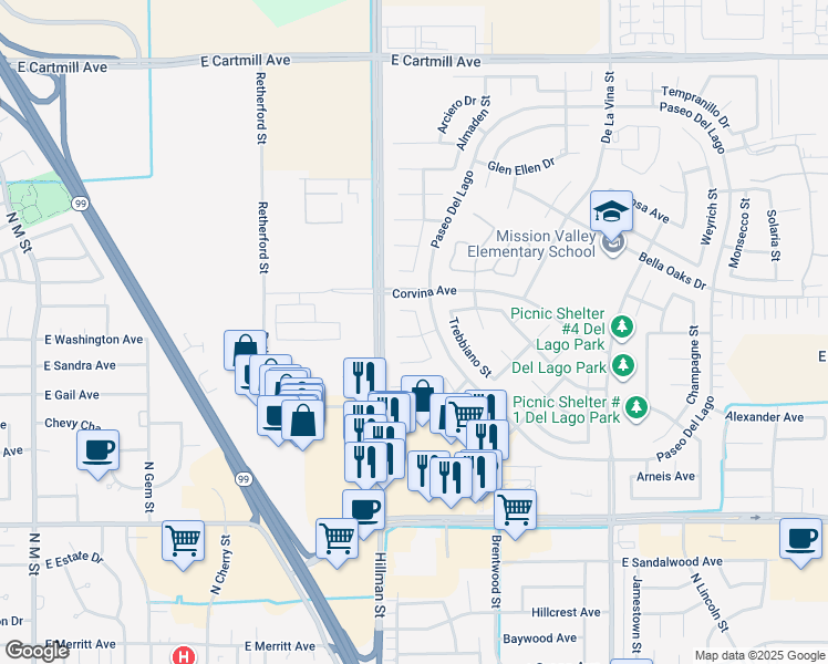map of restaurants, bars, coffee shops, grocery stores, and more near 1182 Syrah Court in Tulare