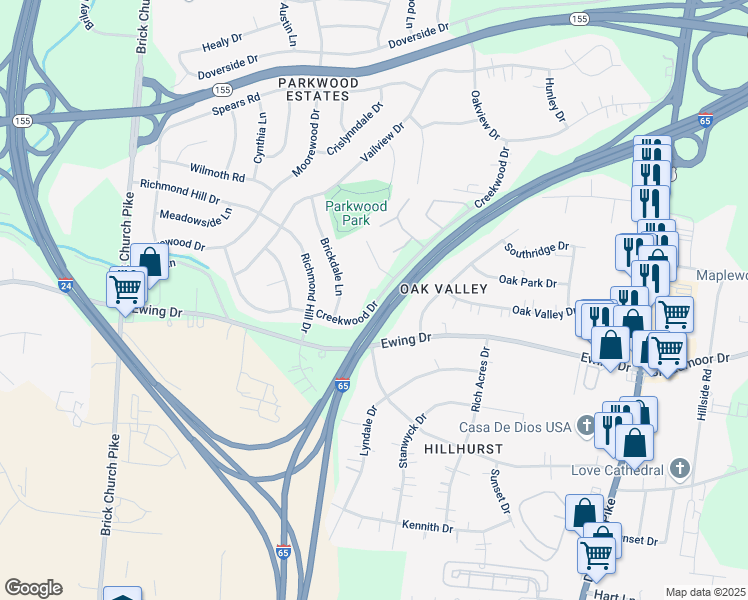 map of restaurants, bars, coffee shops, grocery stores, and more near 322 Park Creek Drive in Nashville