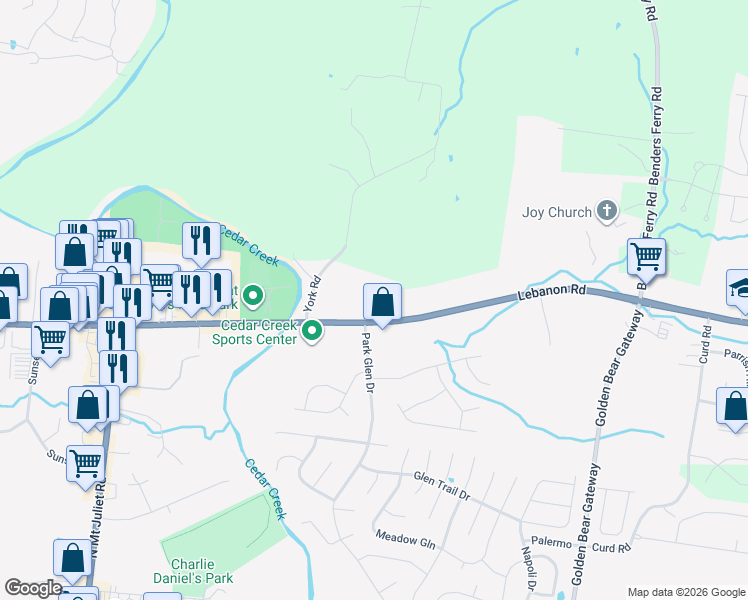 map of restaurants, bars, coffee shops, grocery stores, and more near 10535 Lebanon Road in Mt. Juliet