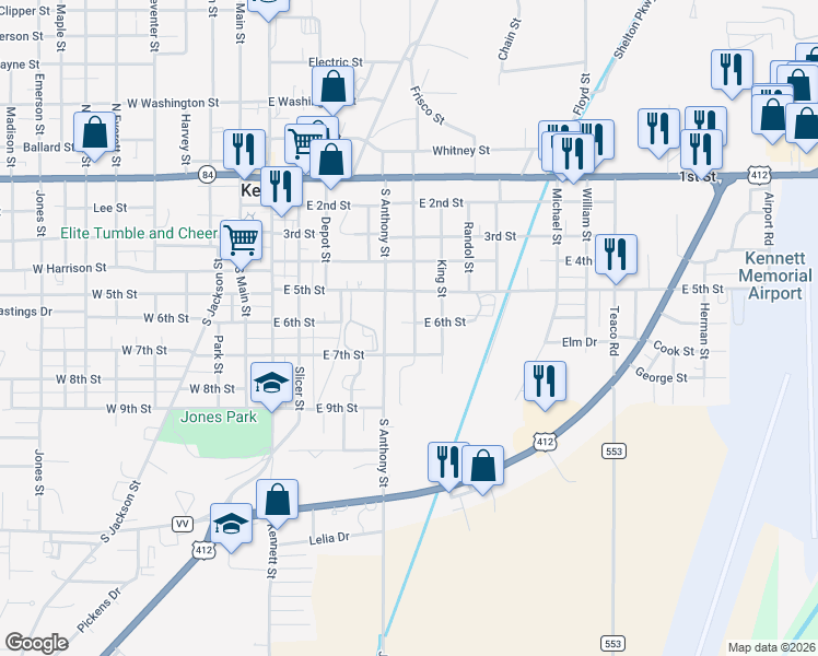 map of restaurants, bars, coffee shops, grocery stores, and more near 508 South Hopper Street in Kennett