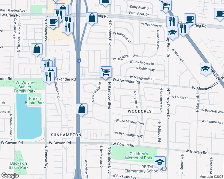 map of restaurants, bars, coffee shops, grocery stores, and more near 3916 North Rhine Way in Las Vegas