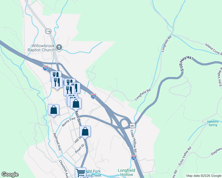 map of restaurants, bars, coffee shops, grocery stores, and more near 227 Longfield Road in Rocky Top
