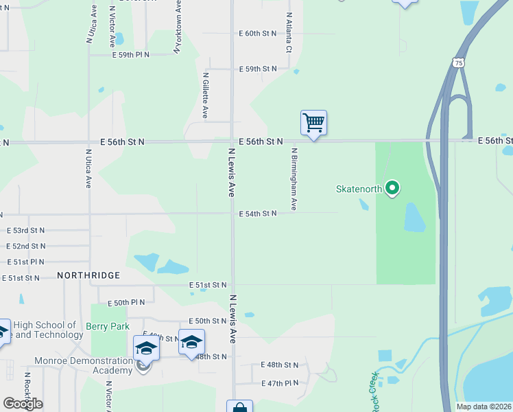 map of restaurants, bars, coffee shops, grocery stores, and more near 2451 East 54th Street North in Tulsa