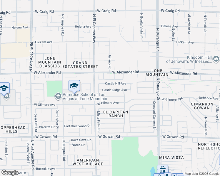 map of restaurants, bars, coffee shops, grocery stores, and more near 8720 Castle Hill Avenue in Las Vegas