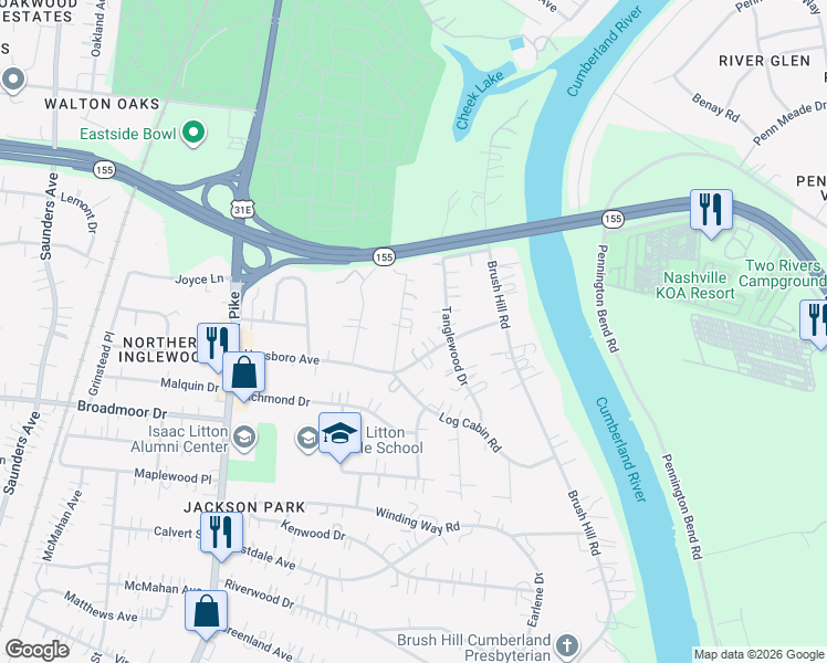map of restaurants, bars, coffee shops, grocery stores, and more near 4908 Log Cabin Road in Nashville